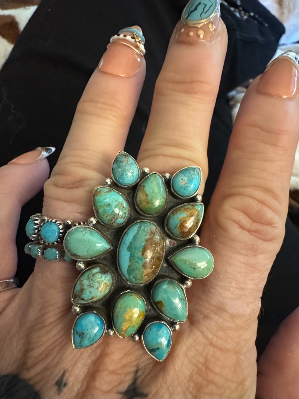 Turquoise Cluster Statement Ring - Women's Jewelry 925 silver